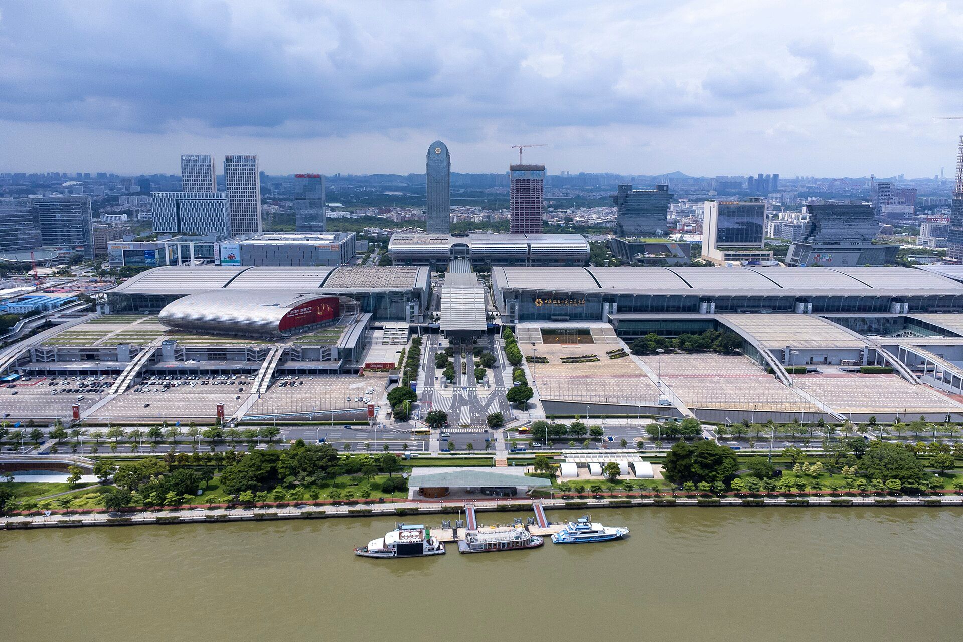 Areas A, B and C of the Canton Fair Complex from above the Pearl River, with the Exhibition Center Wharf in front