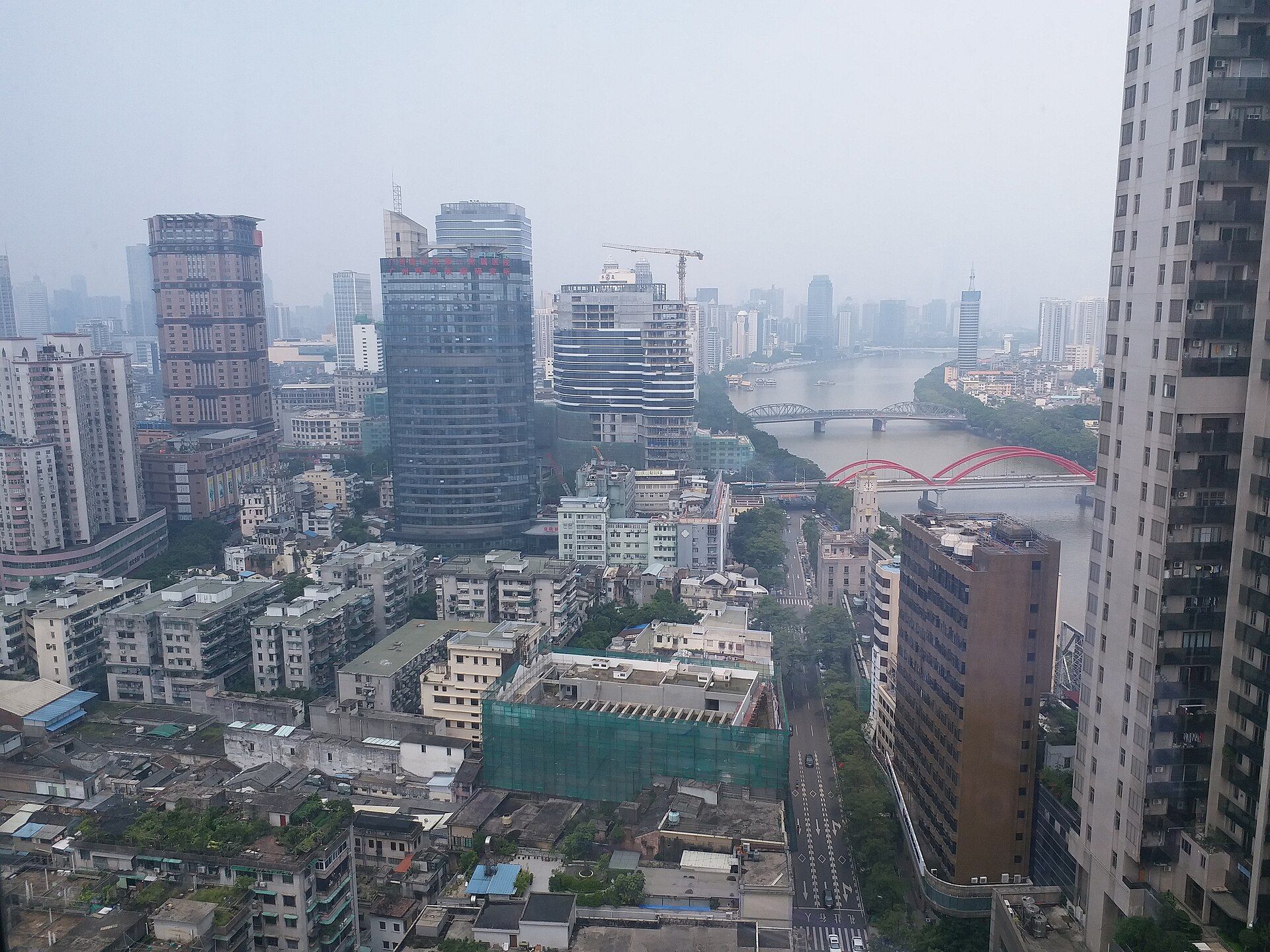 View over central Guangzhou and the Pearl River from a high floor