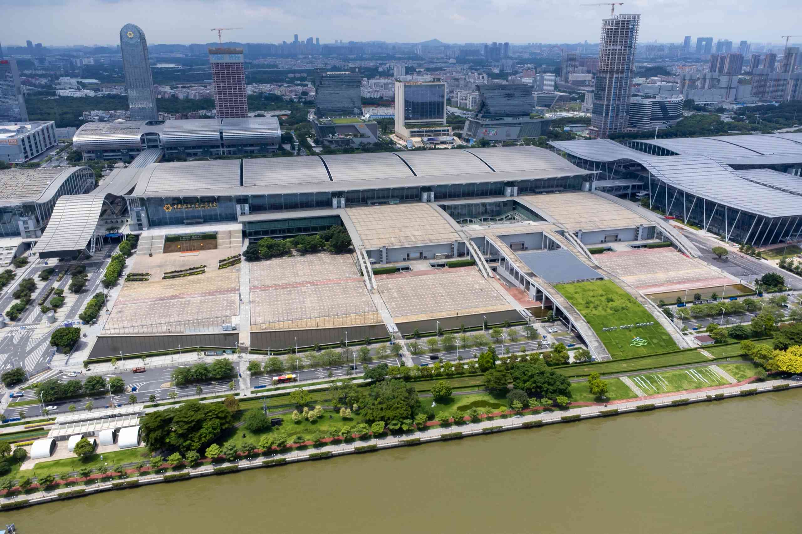 Aerial view of Zone A of the Canton Fair Complex beside the Pearl River