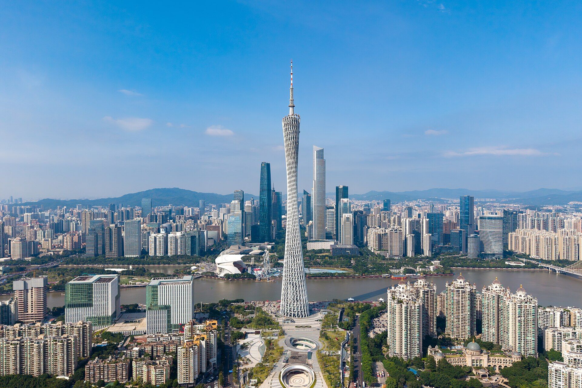 Canton Tower and the Pearl River, aerial view