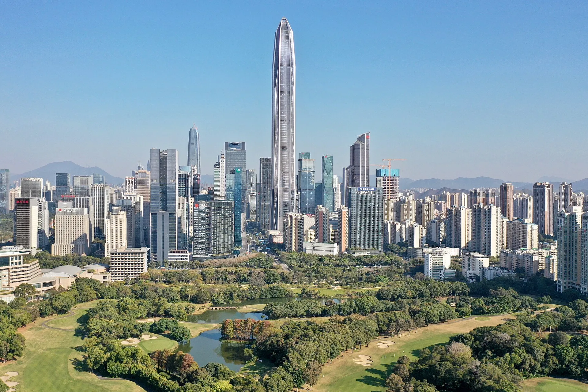Futian business district skyline with Ping An Finance Centre in Shenzhen