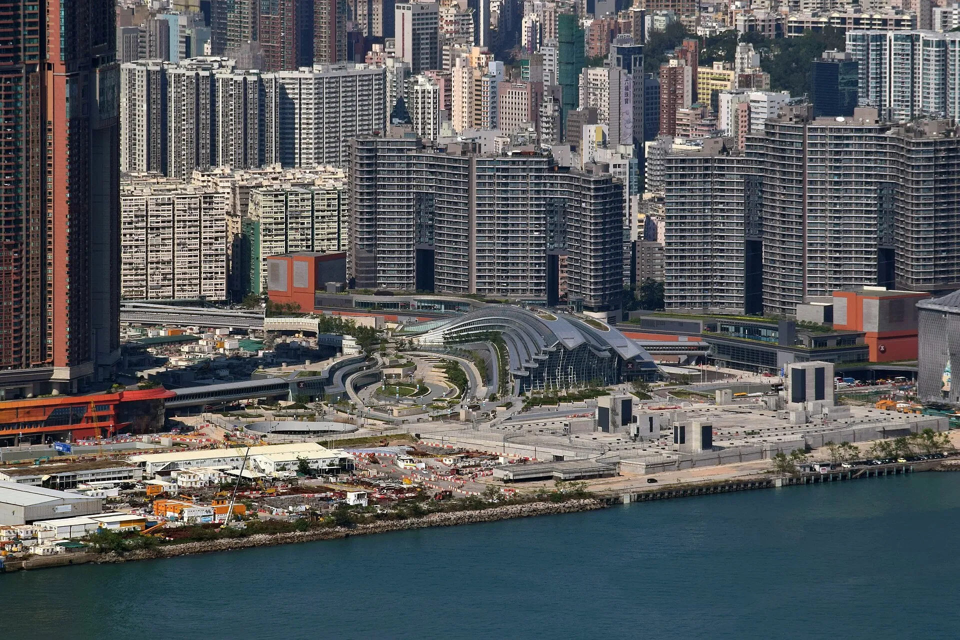 High-speed rail terminus at Hong Kong West Kowloon Station seen from above